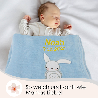 Decke Blau Mit Hase | Babydecke Bestickt mit Namen und Geburtsdatum