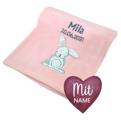 Decke Rosa Mit Hase | Babydecke Bestickt mit Namen und Geburtsdatum