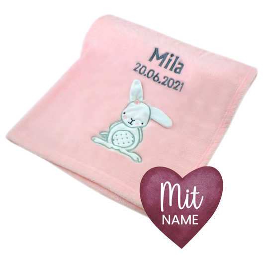 Decke Rosa Mit Hase | Babydecke Bestickt mit Namen und Geburtsdatum