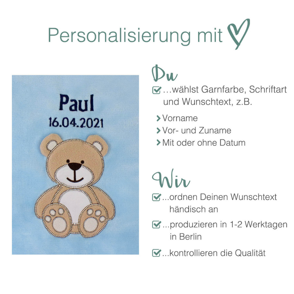 Decke Blau Mit Bär | Babydecke Bestickt mit Namen und Geburtsdatum