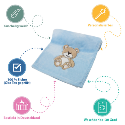 Decke Blau Mit Bär | Babydecke Bestickt