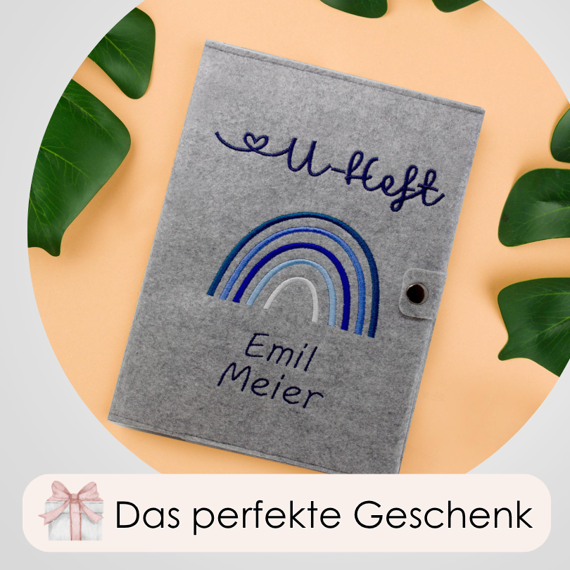 Regenbogen Blau U-Heft und Impfpasshülle aus Filz Mit Personalisierung
