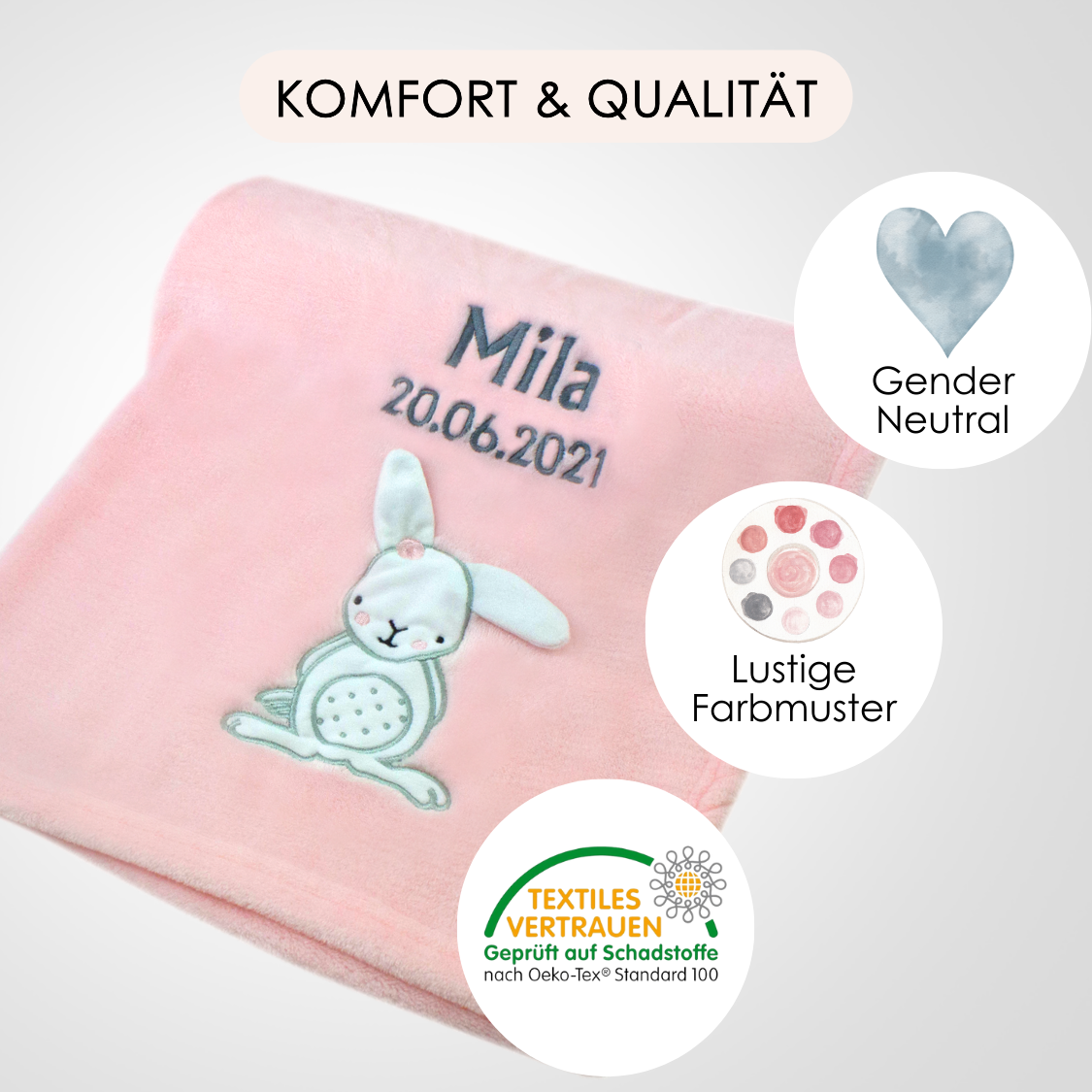 Decke Rosa Mit Hase | Babydecke Bestickt mit Namen und Geburtsdatum
