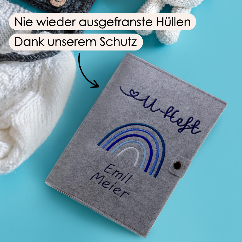 Regenbogen Blau U-Heft und Impfpasshülle aus Filz Mit Personalisierung