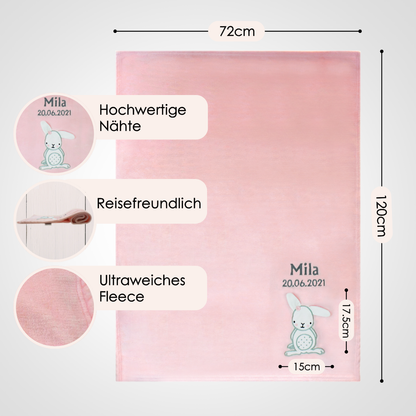 Decke Rosa Mit Hase | Babydecke Bestickt mit Namen und Geburtsdatum