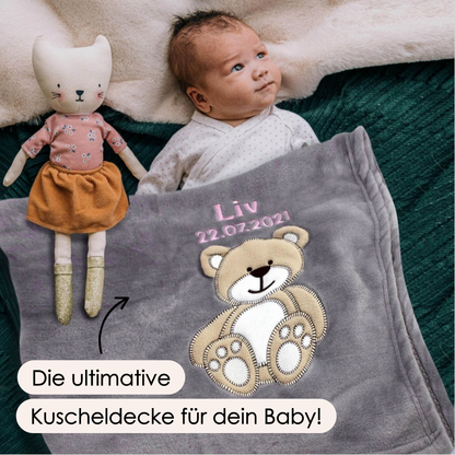 Decke Rosa Mit Hase | Babydecke Bestickt mit Namen und Geburtsdatum