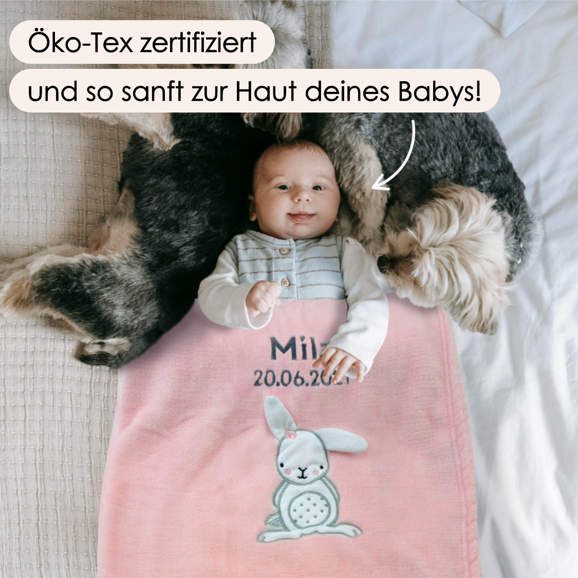 Decke Rosa Mit Hase | Babydecke Bestickt mit Namen und Geburtsdatum