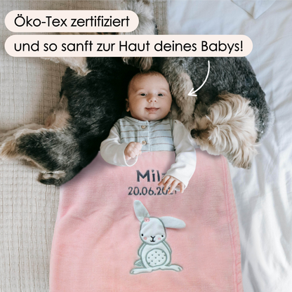 Decke Rosa Mit Hase | Babydecke Bestickt mit Namen und Geburtsdatum