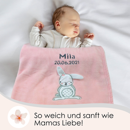 Decke Rosa Mit Hase | Babydecke Bestickt mit Namen und Geburtsdatum