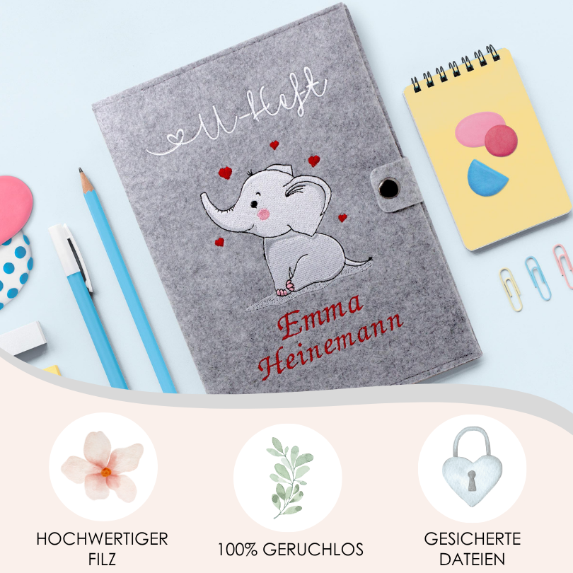 Elefant U-Heft und Impfpasshülle aus Filz Mit Personalisierung