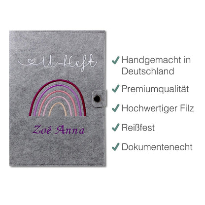 Regenbogen Rosa U-Heft und Impfpasshülle aus Filz Mit Personalisierung