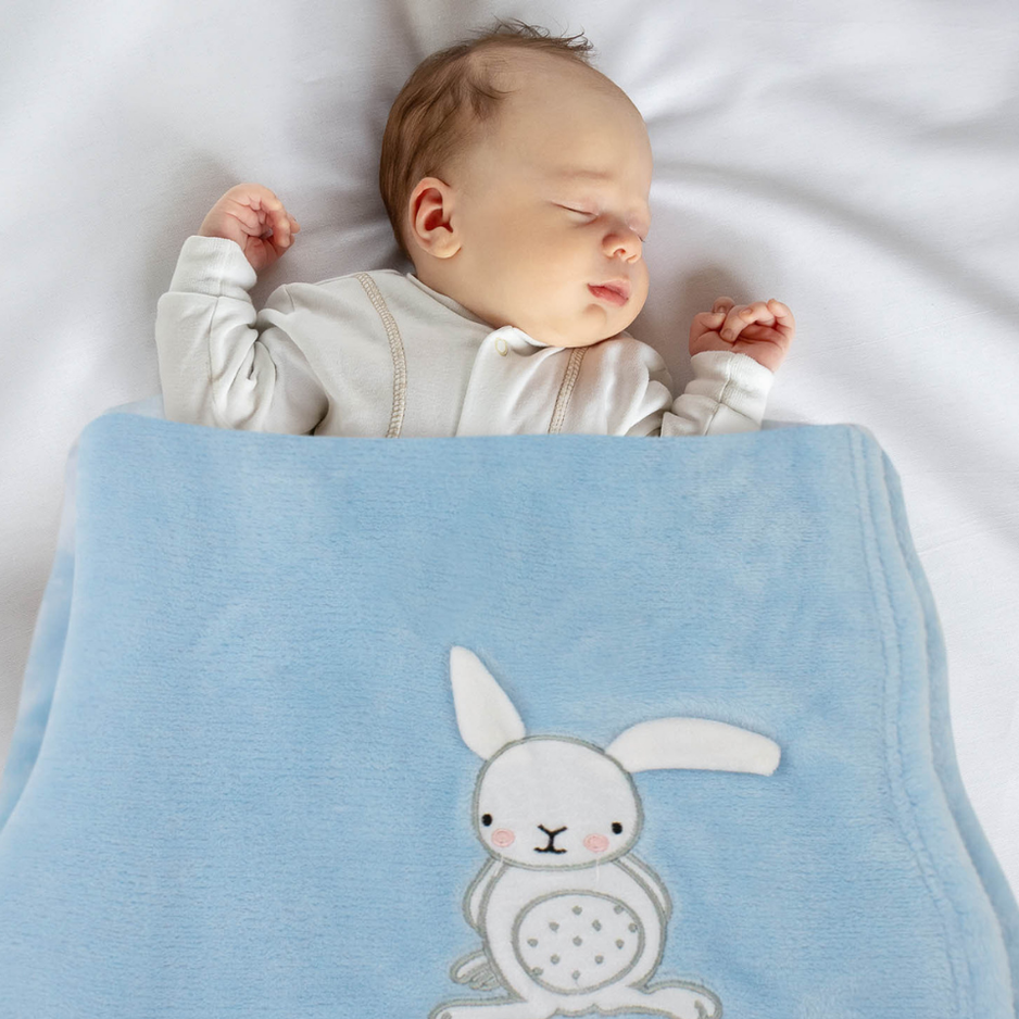 Decke Blau Mit Hase | Babydecke Bestickt