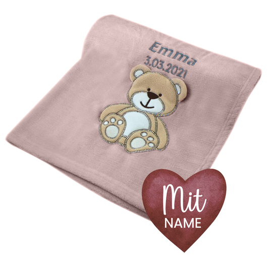 Decke Altrosa Mit Bär | Babydecke Bestickt mit Namen und Geburtsdatum