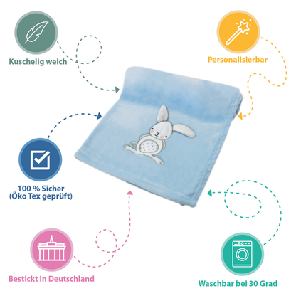 Decke Blau Mit Hase | Babydecke Bestickt