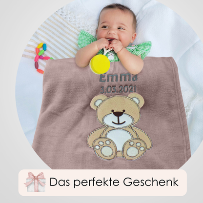 Decke Altrosa Mit Bär | Babydecke Bestickt mit Namen und Geburtsdatum