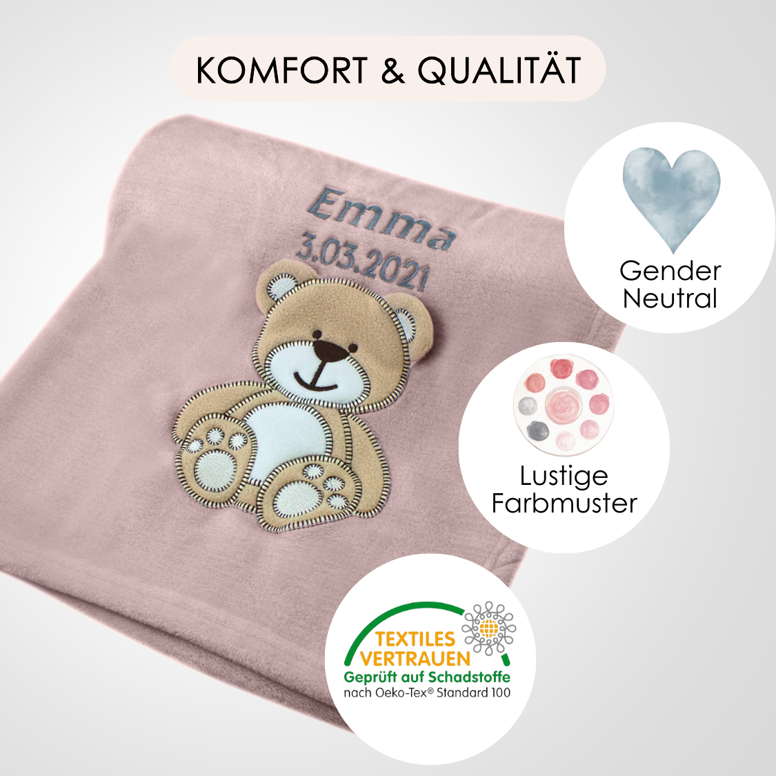 Decke Altrosa Mit Bär | Babydecke Bestickt mit Namen und Geburtsdatum