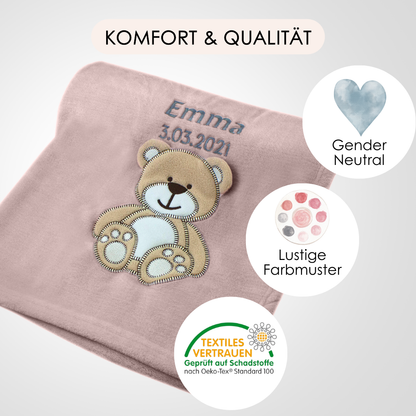 Decke Altrosa Mit Bär | Babydecke Bestickt mit Namen und Geburtsdatum