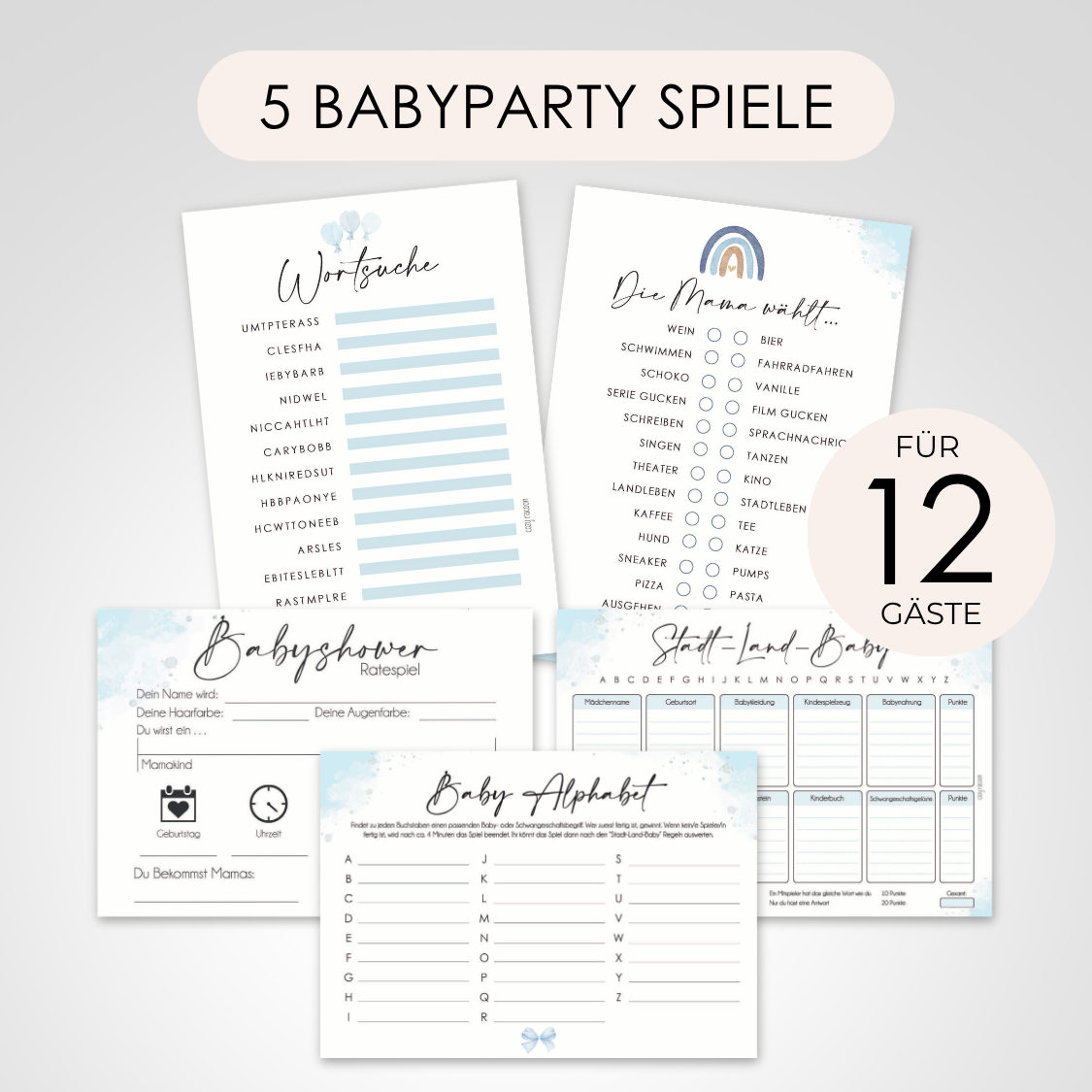 Blau | 5 Babyparty Spiele für 12 Spieler - Babyparty Geschenk, Karten zum Ausfüllen Partyspiele Babyshower