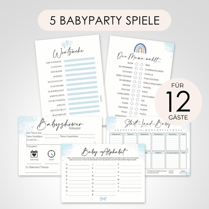 Blau | 5 Babyparty Spiele für 12 Spieler - Babyparty Geschenk, Karten zum Ausfüllen Partyspiele Babyshower