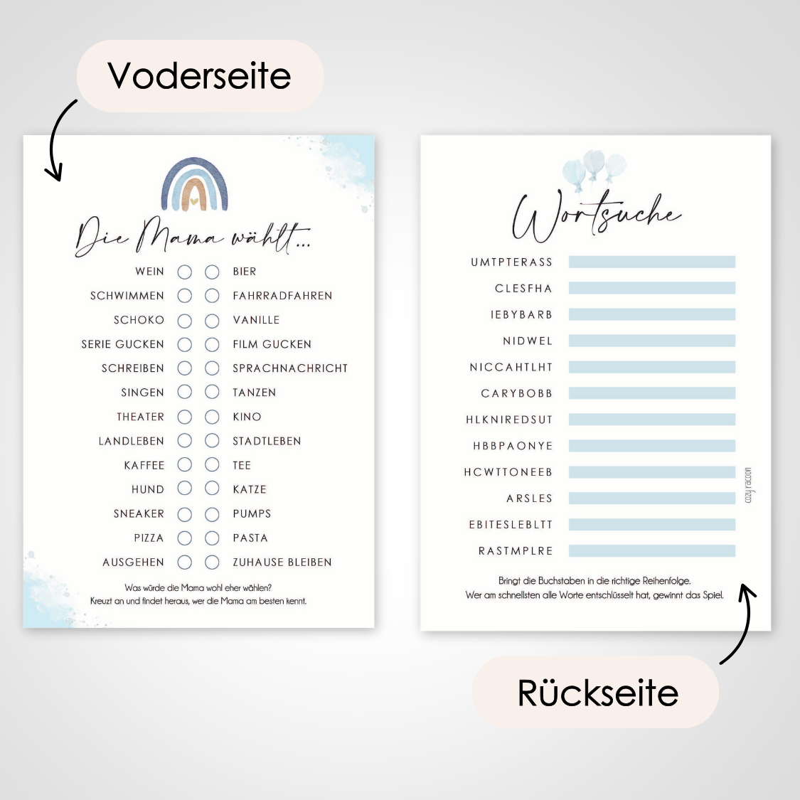 Blau | 5 Babyparty Spiele für 12 Spieler - Babyparty Geschenk, Karten zum Ausfüllen Partyspiele Babyshower