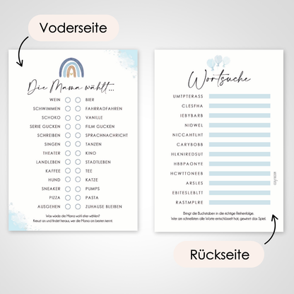 Blau | 5 Babyparty Spiele für 12 Spieler - Babyparty Geschenk, Karten zum Ausfüllen Partyspiele Babyshower