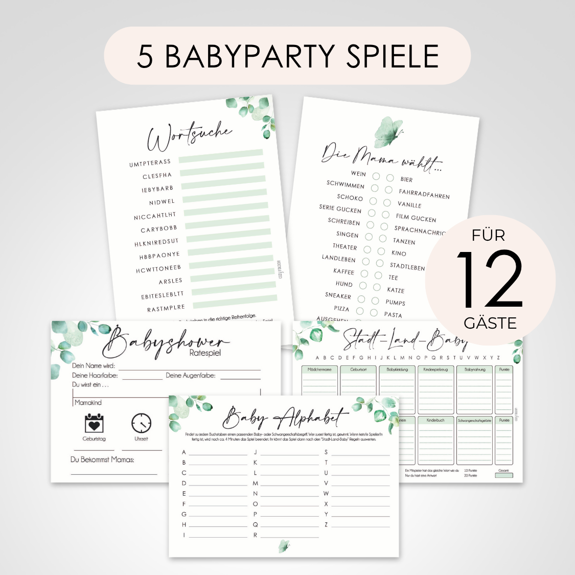 Eukalyptus | 5 Babyparty Spiele für 12 Spieler - Babyparty Geschenk, Karten zum Ausfüllen Partyspiele Babyshower