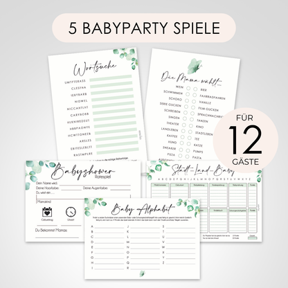 Eukalyptus | 5 Babyparty Spiele für 12 Spieler - Babyparty Geschenk, Karten zum Ausfüllen Partyspiele Babyshower