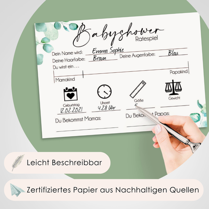 Eukalyptus | 5 Babyparty Spiele für 12 Spieler - Babyparty Geschenk, Karten zum Ausfüllen Partyspiele Babyshower