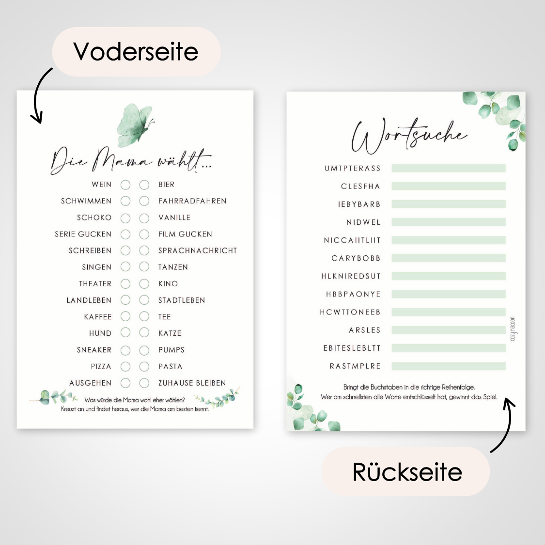 Eukalyptus | 5 Babyparty Spiele für 12 Spieler - Babyparty Geschenk, Karten zum Ausfüllen Partyspiele Babyshower