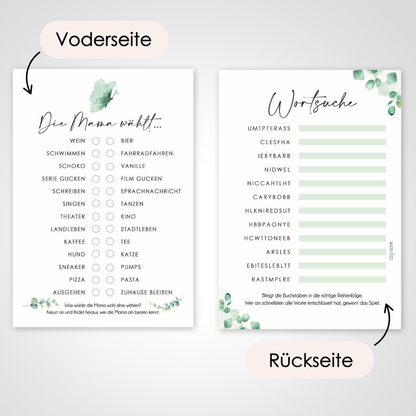 Eukalyptus | 5 Babyparty Spiele für 12 Spieler - Babyparty Geschenk, Karten zum Ausfüllen Partyspiele Babyshower