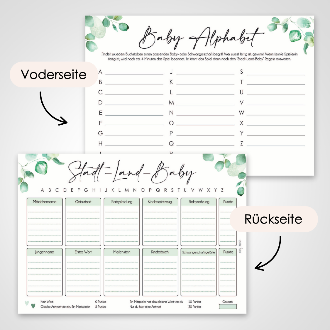 Eukalyptus | 5 Babyparty Spiele für 12 Spieler - Babyparty Geschenk, Karten zum Ausfüllen Partyspiele Babyshower