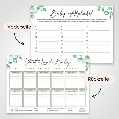 Eukalyptus | 5 Babyparty Spiele für 12 Spieler - Babyparty Geschenk, Karten zum Ausfüllen Partyspiele Babyshower