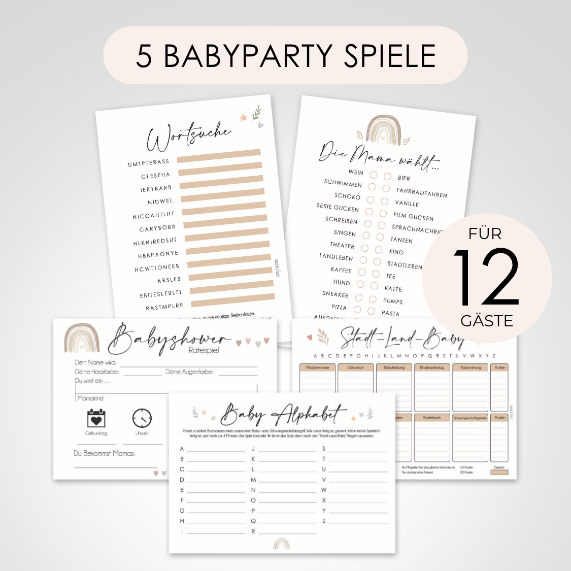 Glamour | 5 Babyparty Spiele für 12 Spieler - Babyparty Geschenk, Karten zum Ausfüllen Partyspiele Babyshower
