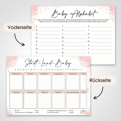 Rosa | 5 Babyparty Spiele für 12 Spieler - Babyparty Geschenk, Karten zum Ausfüllen Partyspiele Babyshower