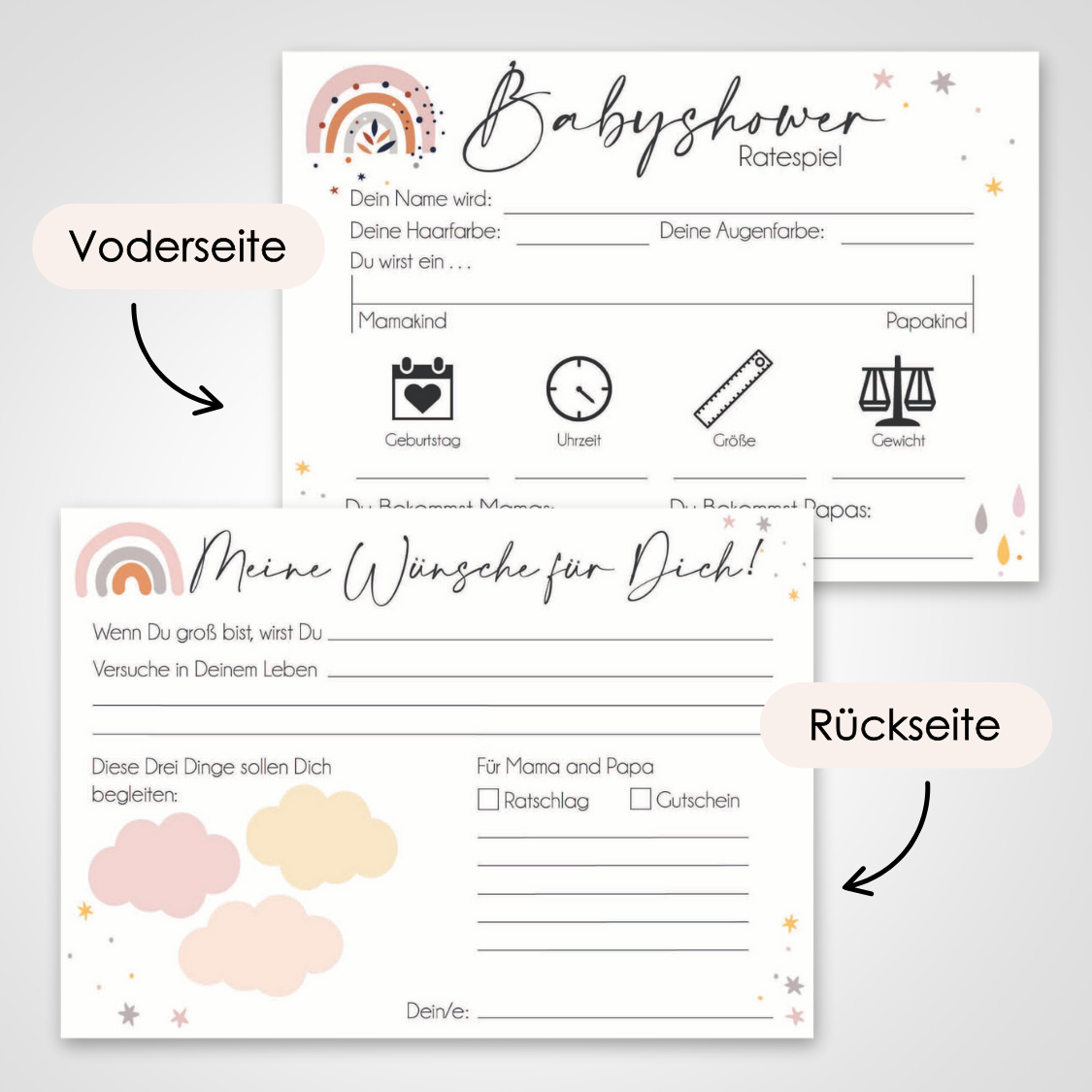 Wolken | 5 Babyparty Spiele für 12 Spieler - Babyparty Geschenk, Karten zum Ausfüllen Partyspiele Babyshower
