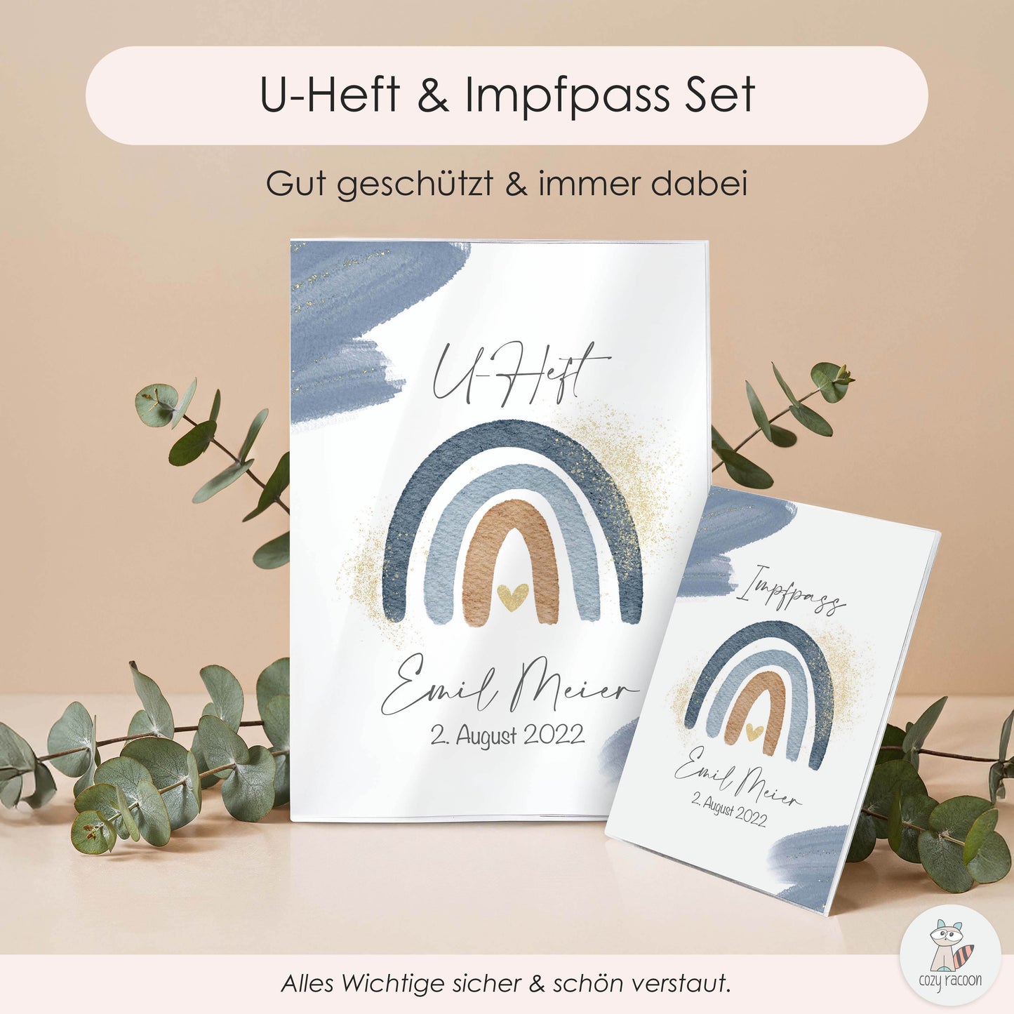 Wasserfarben Blau U-Heft und Impfpasshülle Mit Personalisierung