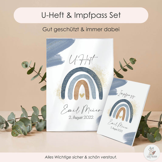 Wasserfarben Blau U-Heft und Impfpasshülle Mit Personalisierung