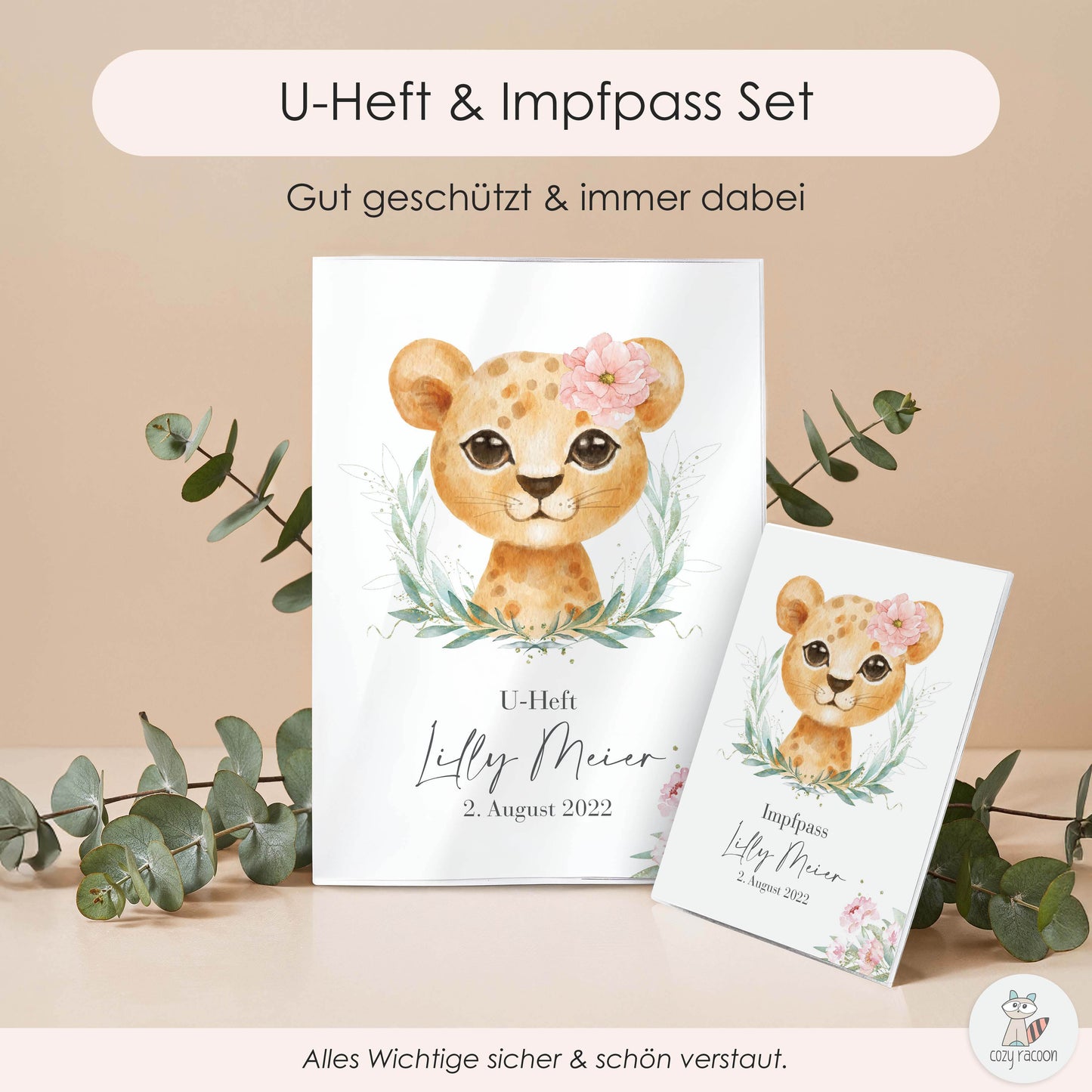 Löwen Mädchen U-Heft und Impfpasshülle Mit Personalisierung