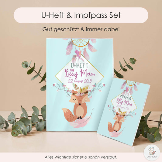 Boho Fuchs Blau U-Heft und Impfpasshülle Mit Personalisierung