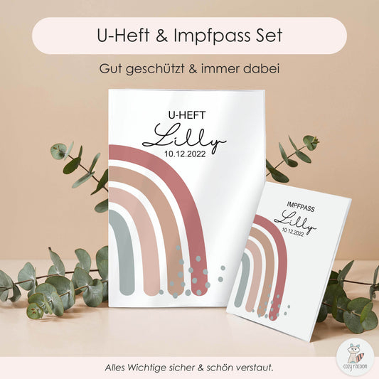 Regenbogen Altrosa U-Heft und Impfpasshülle Mit Personalisierung