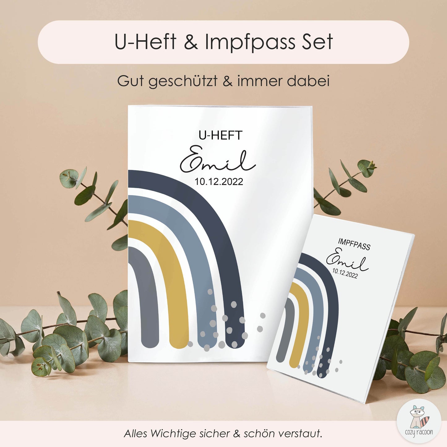 Regenbogen Blau U-Heft und Impfpasshülle Mit Personalisierung