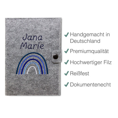Regenbogen Blau Mutterpasshülle aus Filz Mit Personalisierung