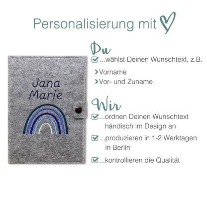 Regenbogen Blau Mutterpasshülle aus Filz Mit Personalisierung